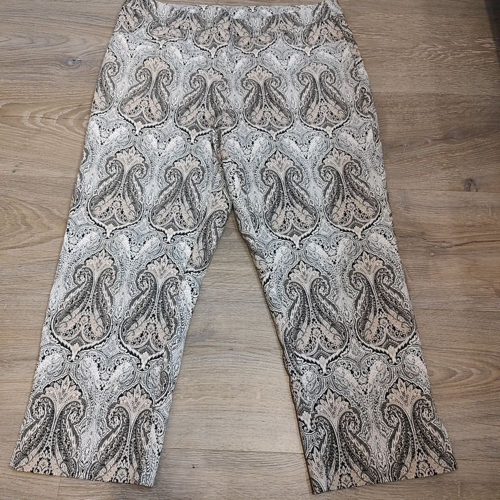 Coconut Row Palm Beach Ankle Pants Sz 12 Paisley Black Gray Silver Stretch Coast
